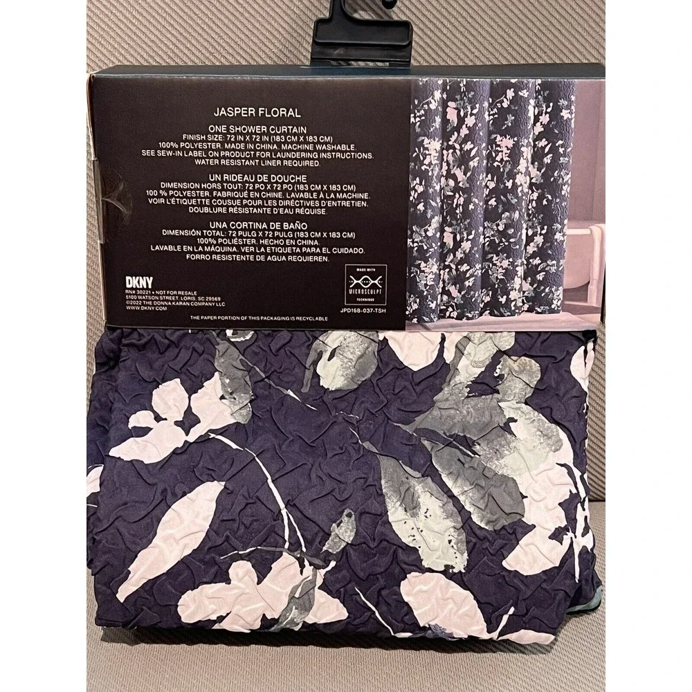 DKNY Jasper Floral Microsculpt Fabric Shower Curtain Navy Green Textured 72” New